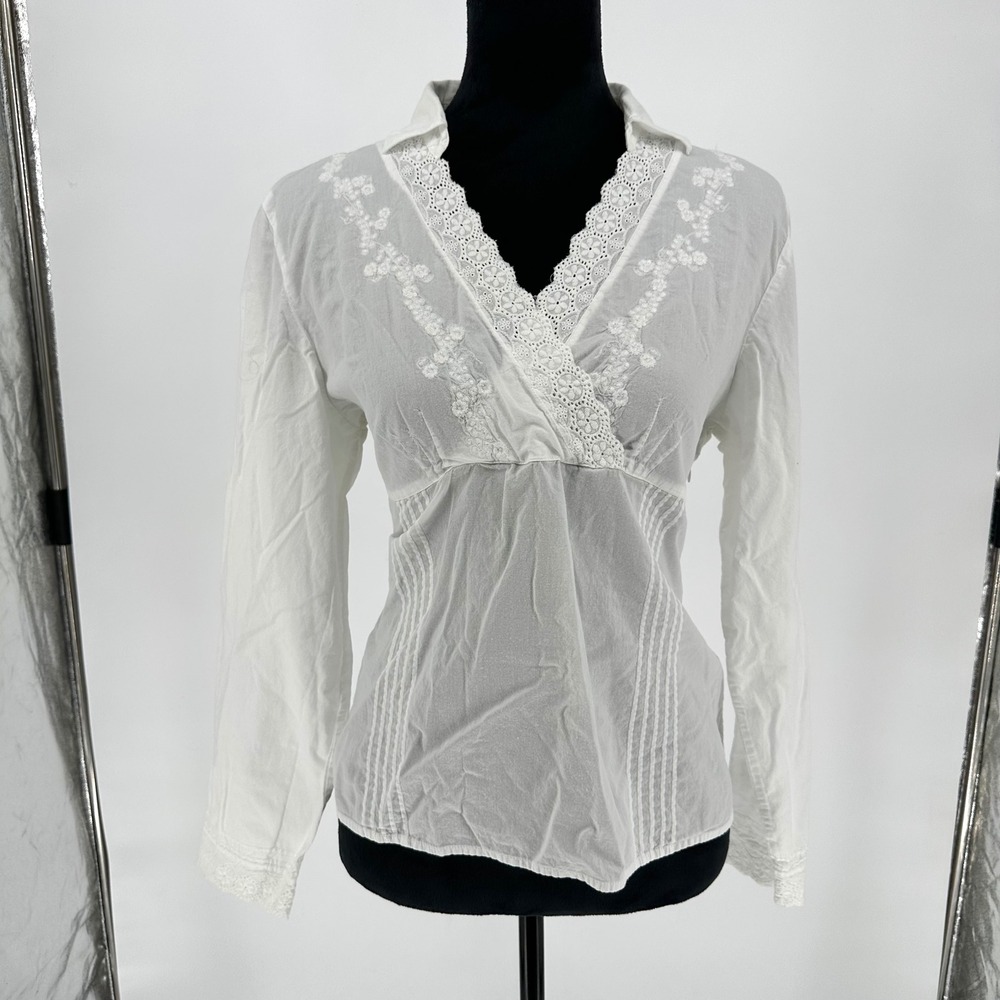 Y2K Axcess Eyelet Embroidery Floral White Cotton See Through Pintuck Top 14‎